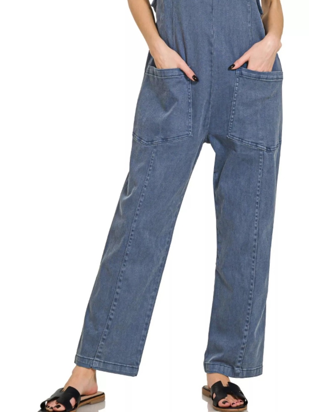 Zenana Outfitters Women's Slate Blue Denim Pocketed Wide Strap Romper Jumpsuit M - Picture 2 of 3